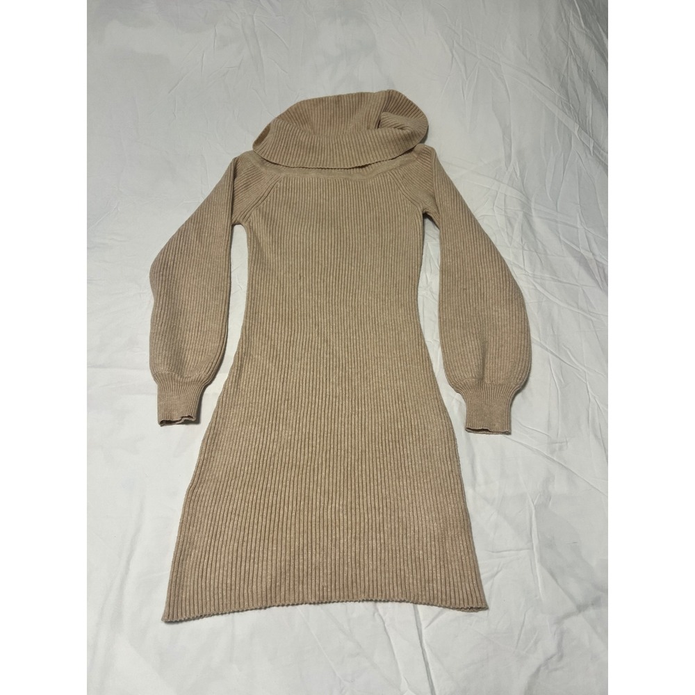Le Lis Oatmeal Beige Balloon Sleeve Off Shoulder Ribbed Knit Mini Dress Large